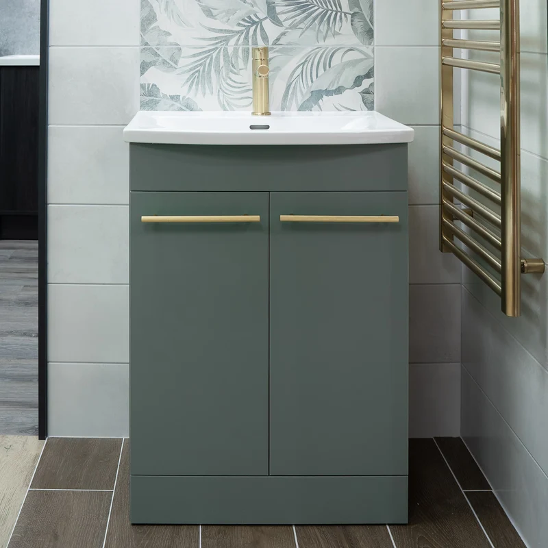 Luan 600mm 2 Door Floor Standing Vanity Unit & Basin - Sage Green
