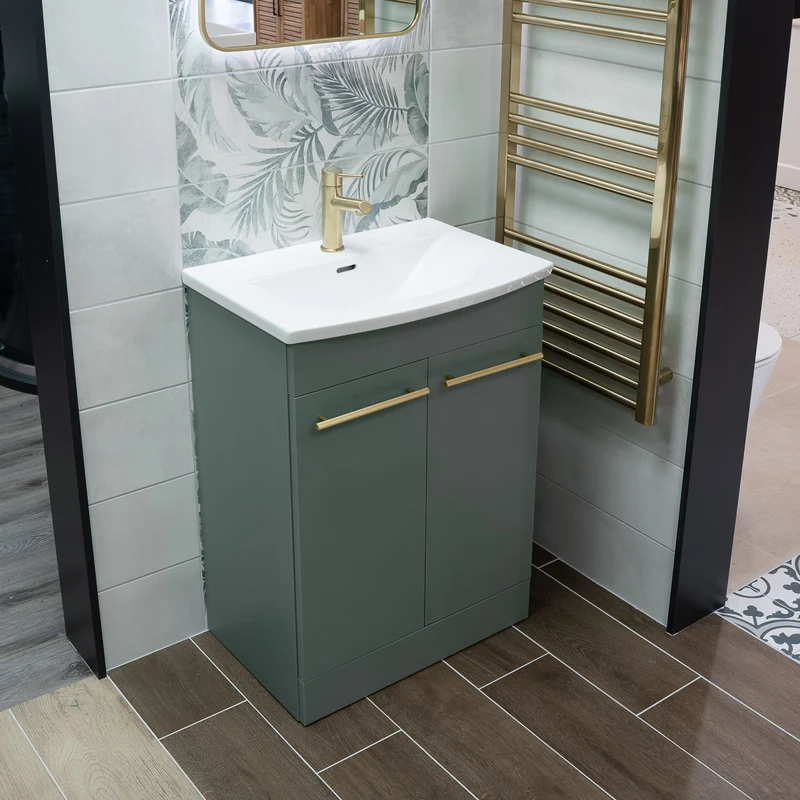 Luan 600mm 2 Door Floor Standing Vanity Unit & Basin - Sage Green