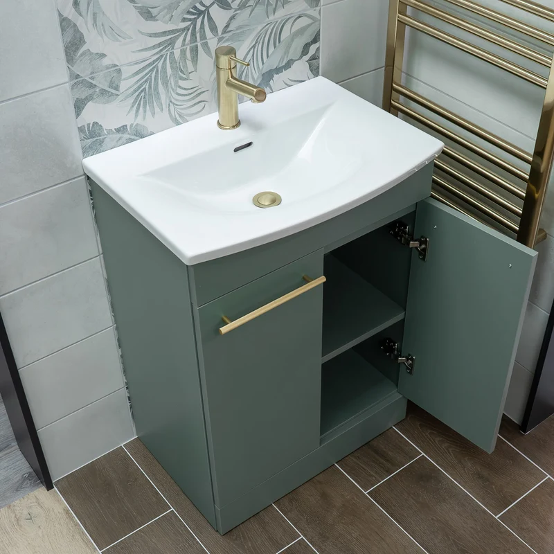 Luan 600mm 2 Door Floor Standing Vanity Unit & Basin - Sage Green