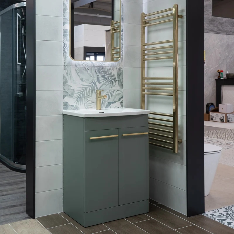 Luan 600mm 2 Door Floor Standing Vanity Unit & Basin - Sage Green
