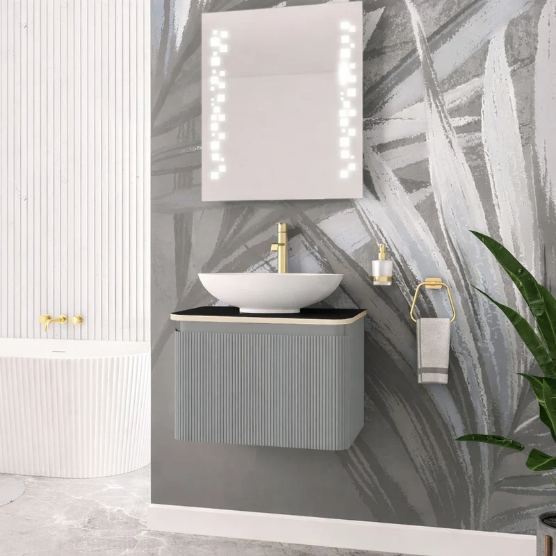 Belice Fluted 600mm Wall Hung Unit - Grey inc Black Stone Top