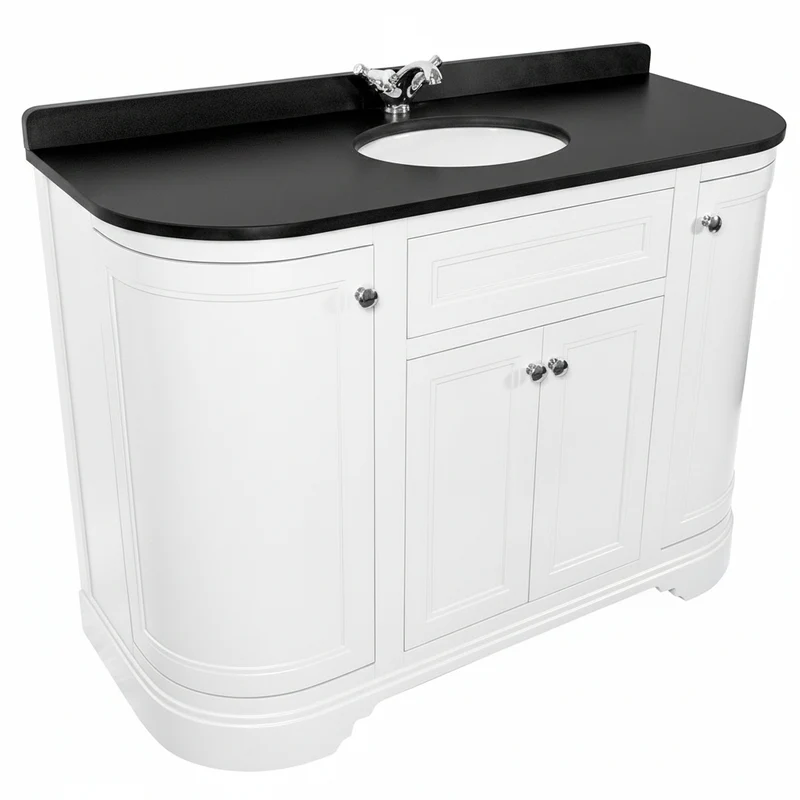 Kingsbury Classic Curved 1200mm Floor Standing Vanity Unit, Black Worktop & Ceramic Basin - White