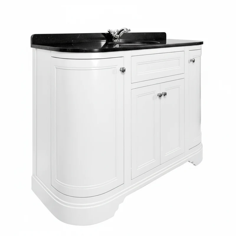 Kingsbury Classic Curved 1200mm Floor Standing Vanity Unit, Black Worktop & Ceramic Basin - White