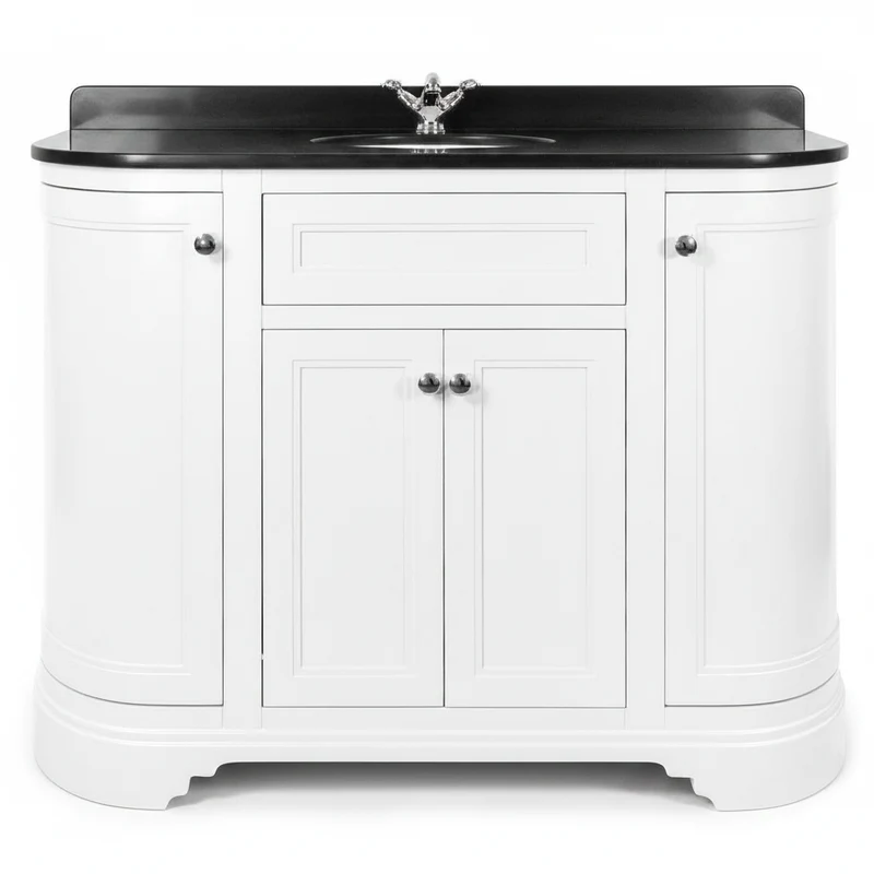 Kingsbury Classic Curved 1200mm Floor Standing Vanity Unit, Black Worktop & Ceramic Basin - White