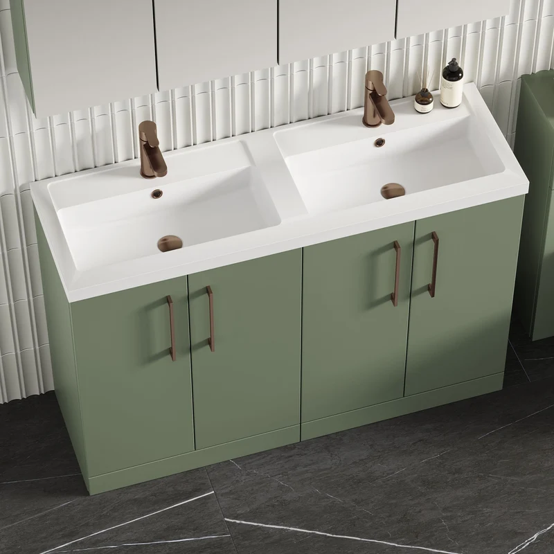 Lana 1200mm Floor Standing 4 Door Vanity Unit & Double Polymarble Basin - Green Satin