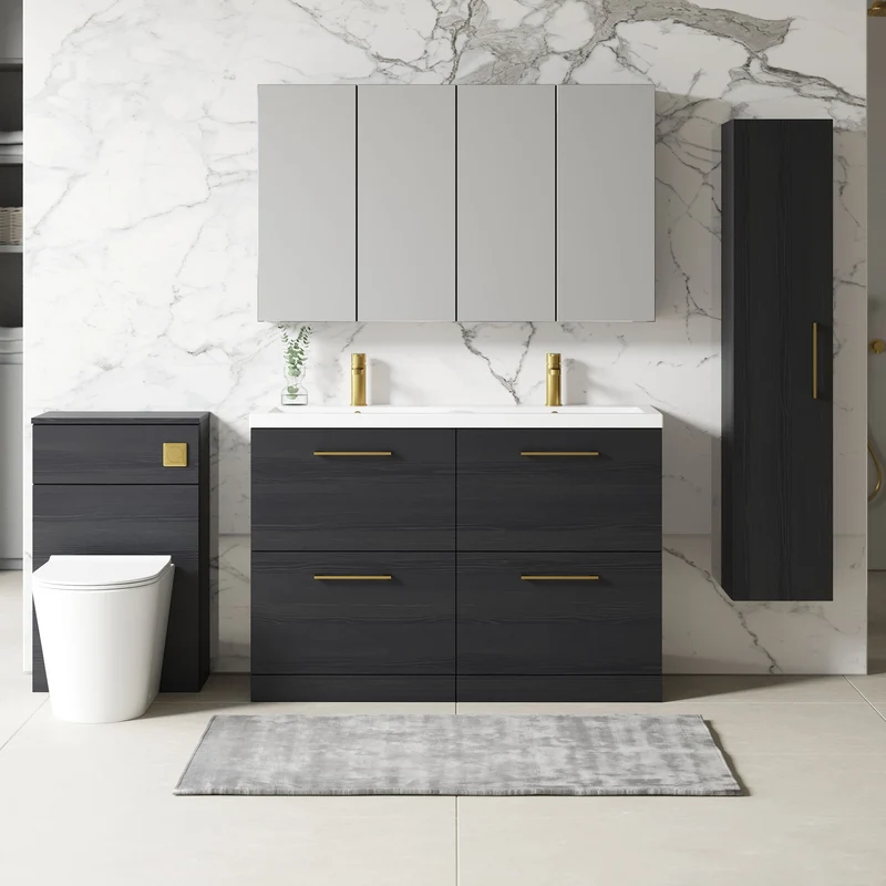 Lana 1200mm Floor Standing 4 Drawer Vanity Unit & Double Ceramic Basin - Charcoal Black Woodgrain