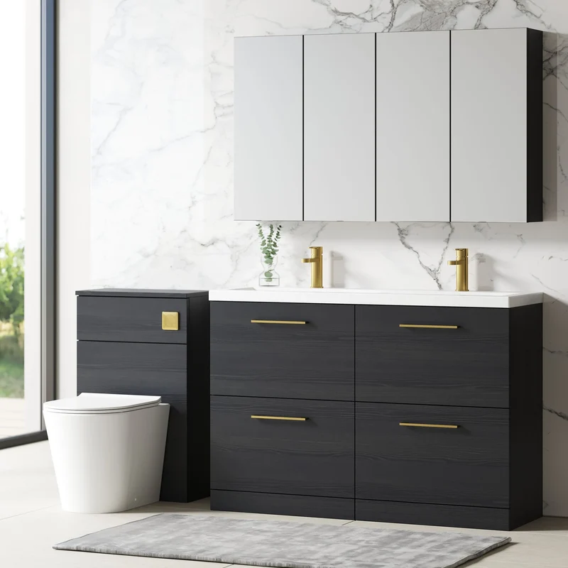 Lana 1200mm Floor Standing 4 Drawer Vanity Unit & Double Ceramic Basin - Charcoal Black Woodgrain