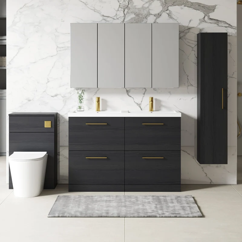 Lana 1200mm Floor Standing 4 Drawer Vanity Unit & Double Polymarble Basin - Charcoal Black Woodgrain