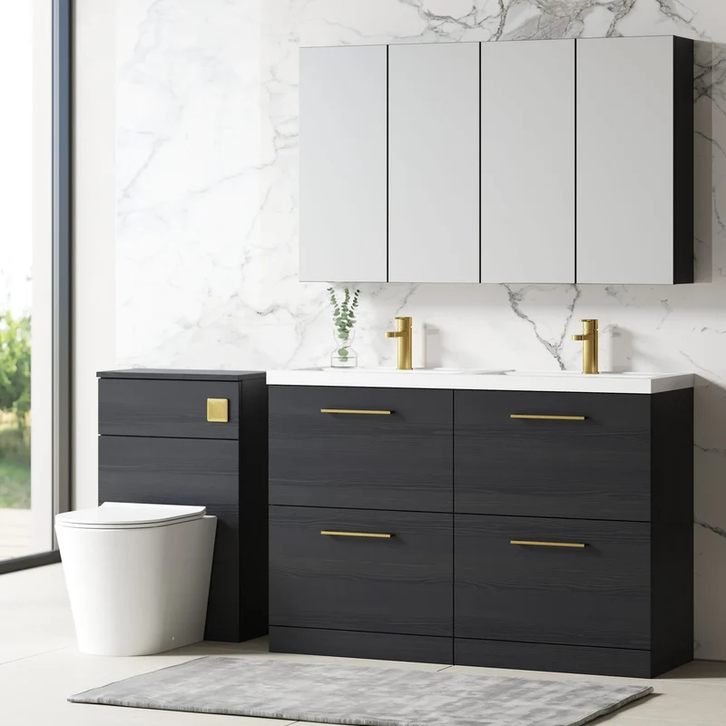 Lana 1200mm Floor Standing 4 Drawer Vanity Unit & Double Polymarble Basin - Charcoal Black Woodgrain