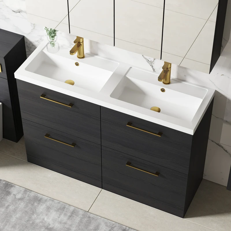 Lana 1200mm Floor Standing 4 Drawer Vanity Unit & Double Polymarble Basin - Charcoal Black Woodgrain