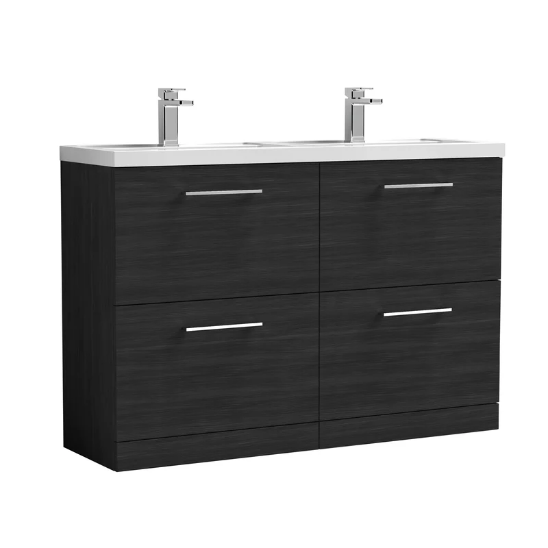 Lana 1200mm Floor Standing 4 Drawer Vanity Unit & Double Polymarble Basin - Charcoal Black Woodgrain