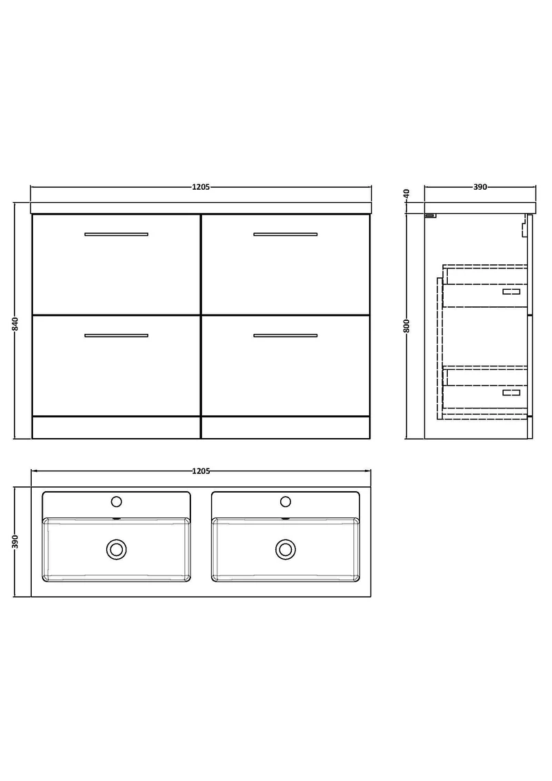 Lana 1200mm Floor Standing 4 Drawer Vanity Unit & Double Polymarble Basin - Charcoal Black Woodgrain