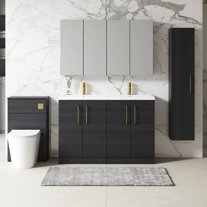Lana 1200mm Floor Standing 4 Door Vanity Unit & Double Ceramic Basin - Charcoal Black Woodgrain