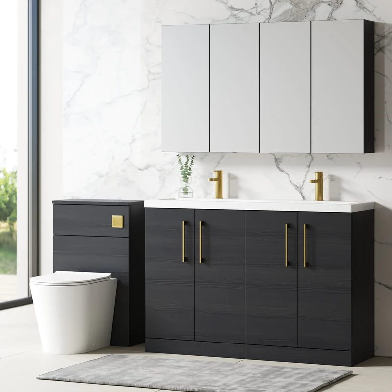Lana 1200mm Floor Standing 4 Door Vanity Unit & Double Ceramic Basin - Charcoal Black Woodgrain