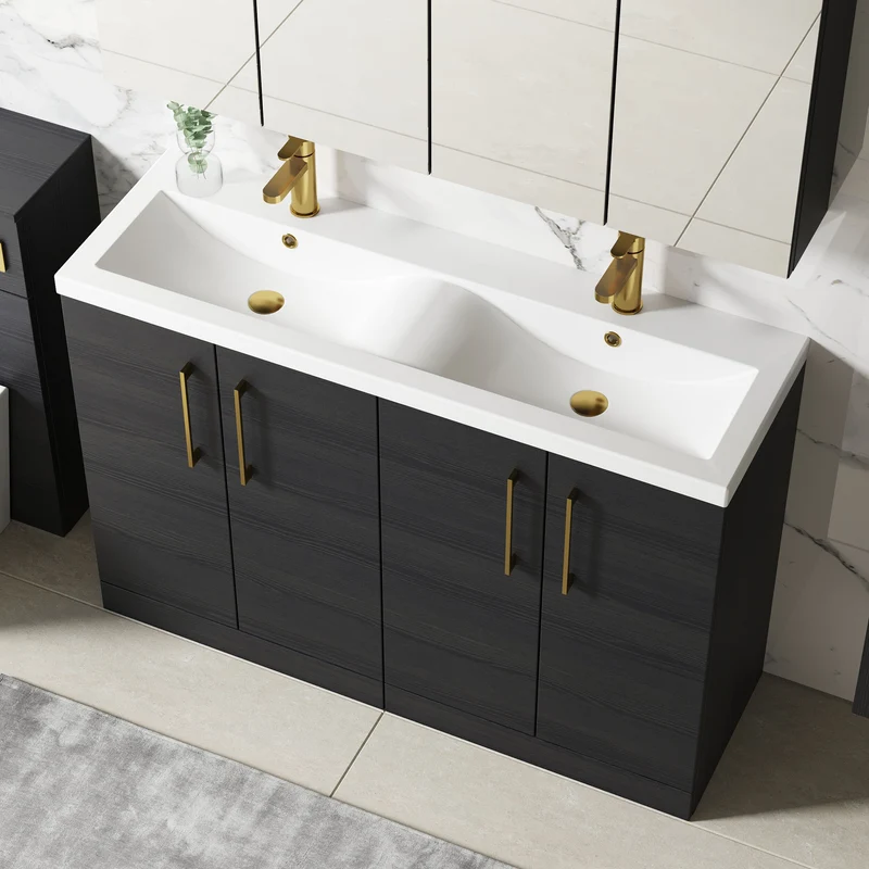 Lana 1200mm Floor Standing 4 Door Vanity Unit & Double Ceramic Basin - Charcoal Black Woodgrain