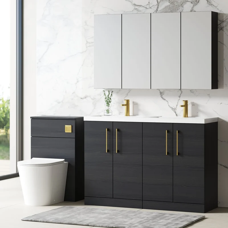 Lana 1200mm Floor Standing 4 Door Vanity Unit & Double Polymarble Basin - Charcoal Black Woodgrain