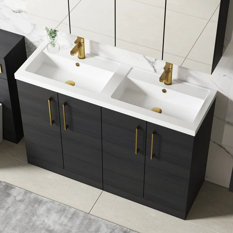 Lana 1200mm Floor Standing 4 Door Vanity Unit & Double Polymarble Basin - Charcoal Black Woodgrain
