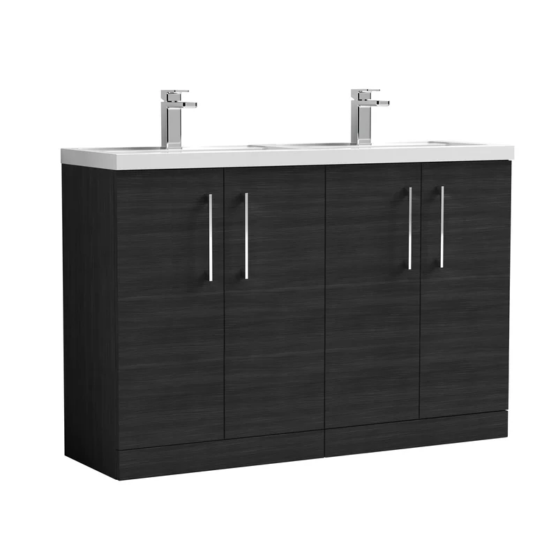 Lana 1200mm Floor Standing 4 Door Vanity Unit & Double Polymarble Basin - Charcoal Black Woodgrain