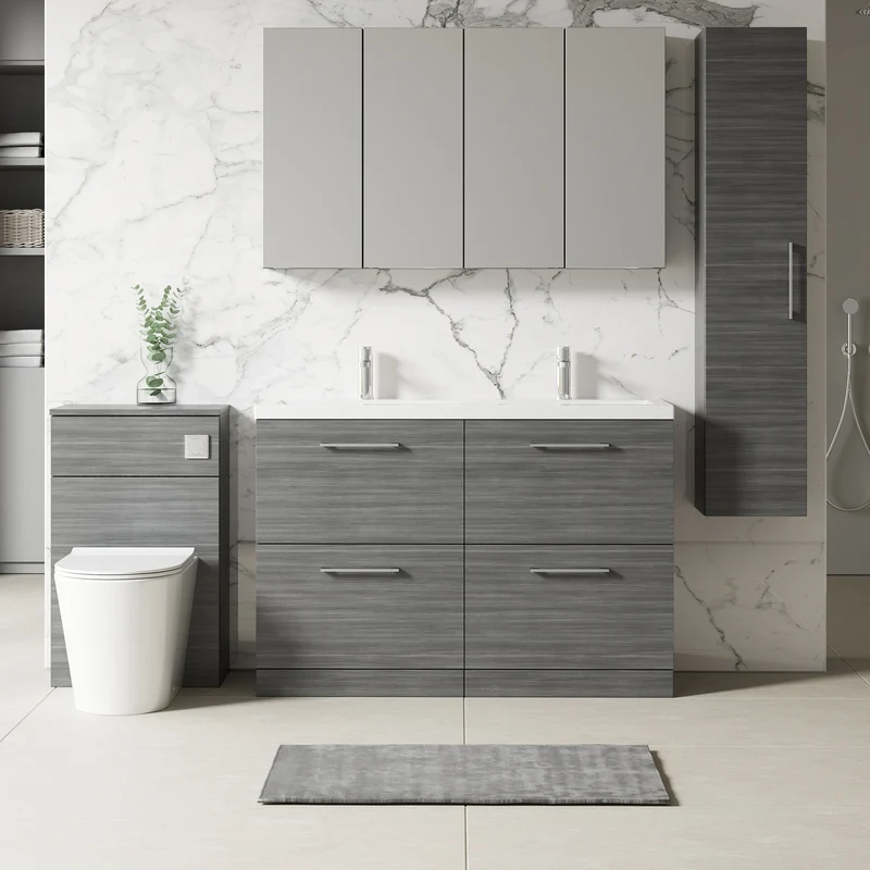 Lana 1200mm Floor Standing 4 Drawer Vanity Unit & Double Ceramic Basin - Anthracite Woodgrain