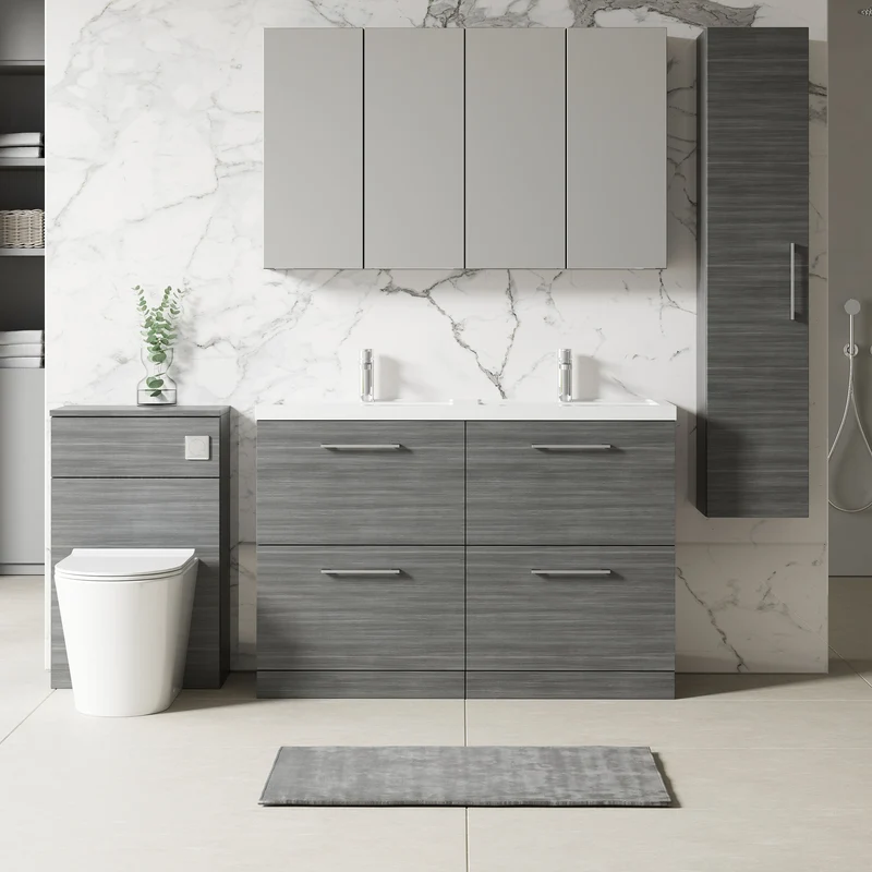 Lana 1200mm Floor Standing 4 Drawer Vanity Unit & Double Polymarble Basin - Anthracite Woodgrain