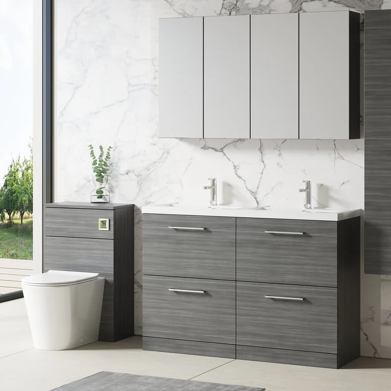 Lana 1200mm Floor Standing 4 Drawer Vanity Unit & Double Polymarble Basin - Anthracite Woodgrain