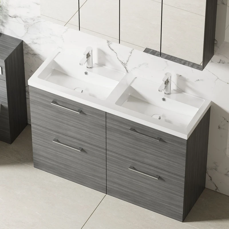 Lana 1200mm Floor Standing 4 Drawer Vanity Unit & Double Polymarble Basin - Anthracite Woodgrain