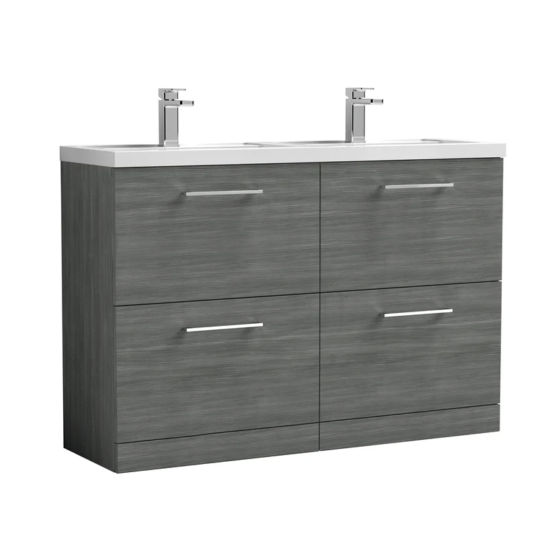 Lana 1200mm Floor Standing 4 Drawer Vanity Unit & Double Polymarble Basin - Anthracite Woodgrain