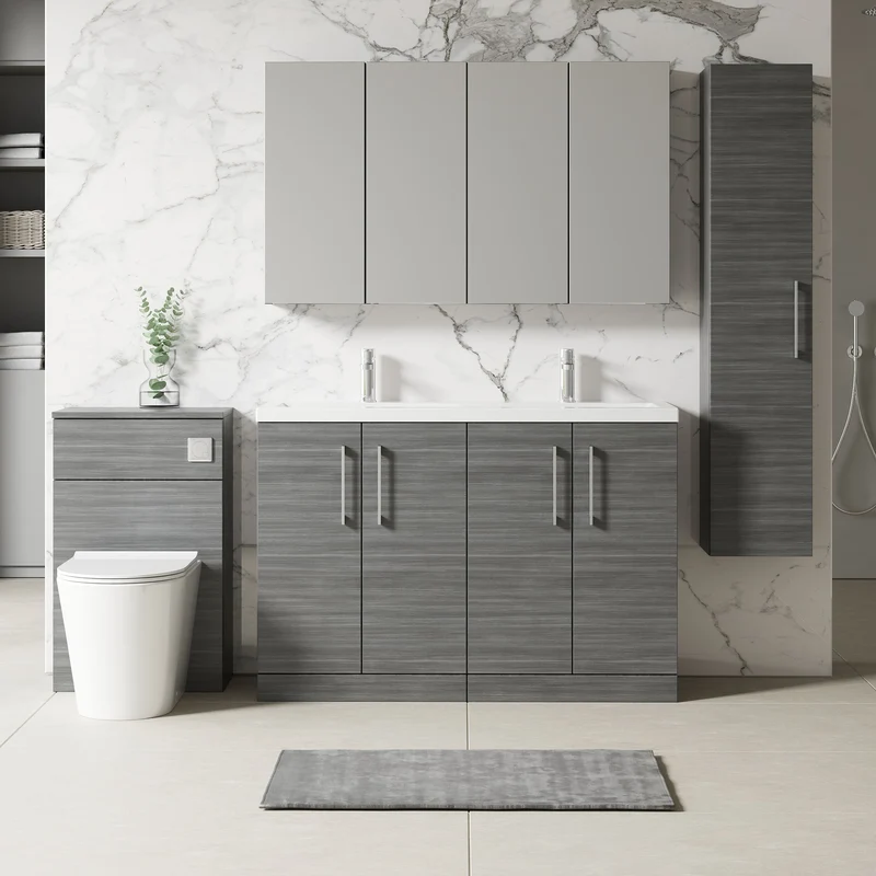 Lana 1200mm Floor Standing 4 Door Vanity Unit & Double Ceramic Basin - Anthracite Woodgrain