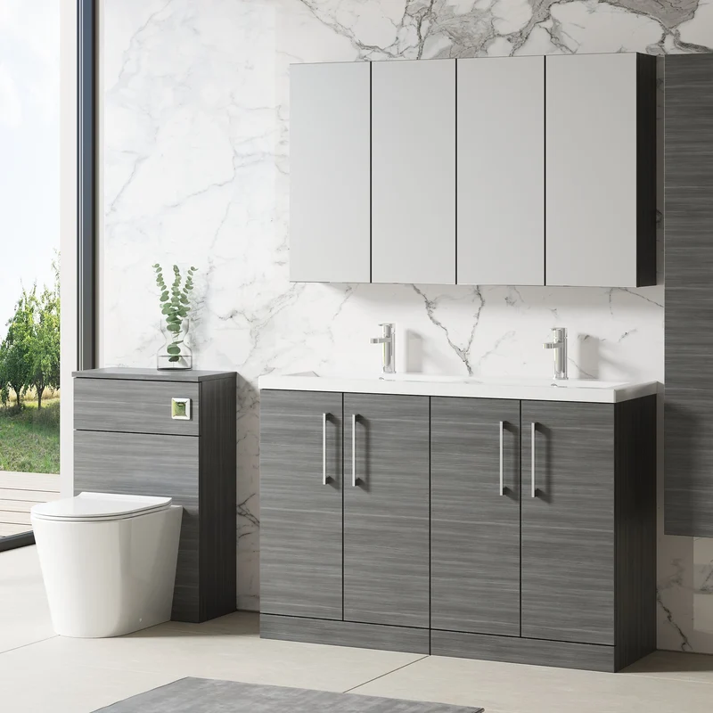 Lana 1200mm Floor Standing 4 Door Vanity Unit & Double Ceramic Basin - Anthracite Woodgrain