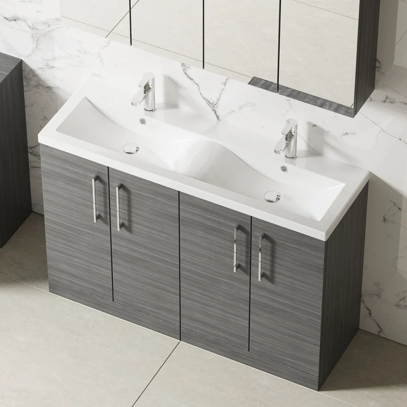 Lana 1200mm Floor Standing 4 Door Vanity Unit & Double Ceramic Basin - Anthracite Woodgrain