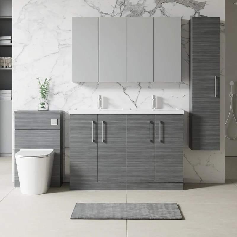 Lana 1200mm Floor Standing 4 Door Vanity Unit & Double Polymarble Basin - Anthracite Woodgrain