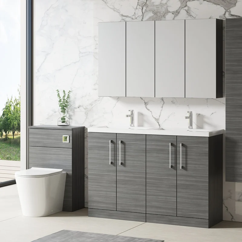 Lana 1200mm Floor Standing 4 Door Vanity Unit & Double Polymarble Basin - Anthracite Woodgrain