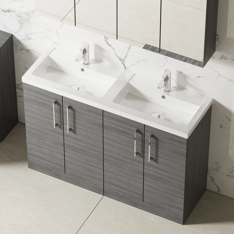 Lana 1200mm Floor Standing 4 Door Vanity Unit & Double Polymarble Basin - Anthracite Woodgrain