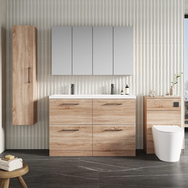 Lana 1200mm Floor Standing 4 Drawer Vanity Unit & Double Ceramic Basin - Bleached Oak Woodgrain