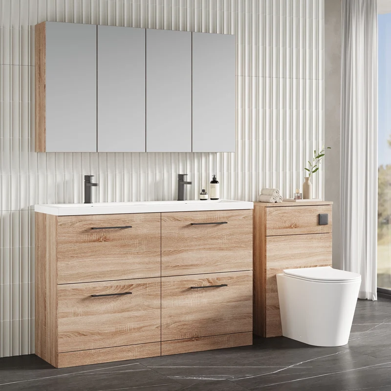 Lana 1200mm Floor Standing 4 Drawer Vanity Unit & Double Ceramic Basin - Bleached Oak Woodgrain