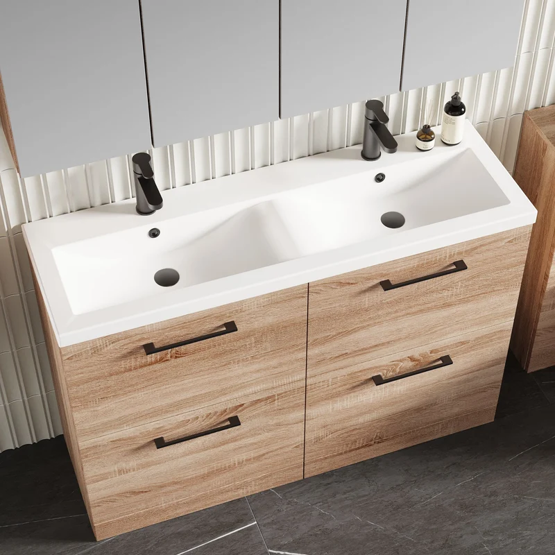 Lana 1200mm Floor Standing 4 Drawer Vanity Unit & Double Ceramic Basin - Bleached Oak Woodgrain