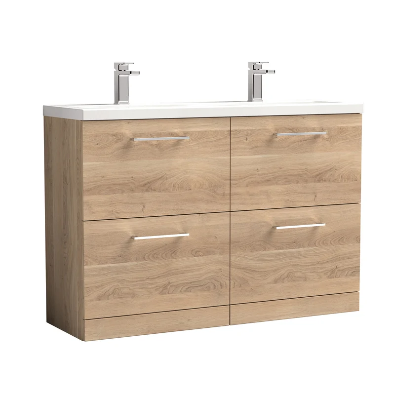 Lana 1200mm Floor Standing 4 Drawer Vanity Unit & Double Ceramic Basin - Bleached Oak Woodgrain