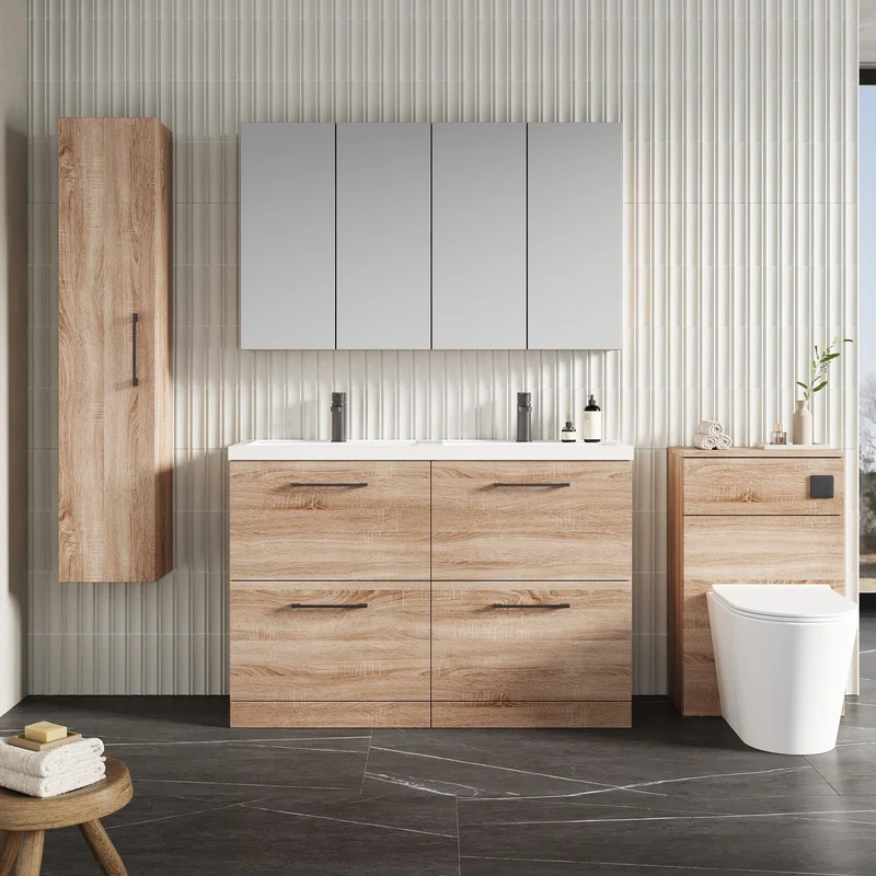 Lana 1200mm Floor Standing 4 Drawer Vanity Unit & Double Polymarble Basin - Bleached Oak Woodgrain