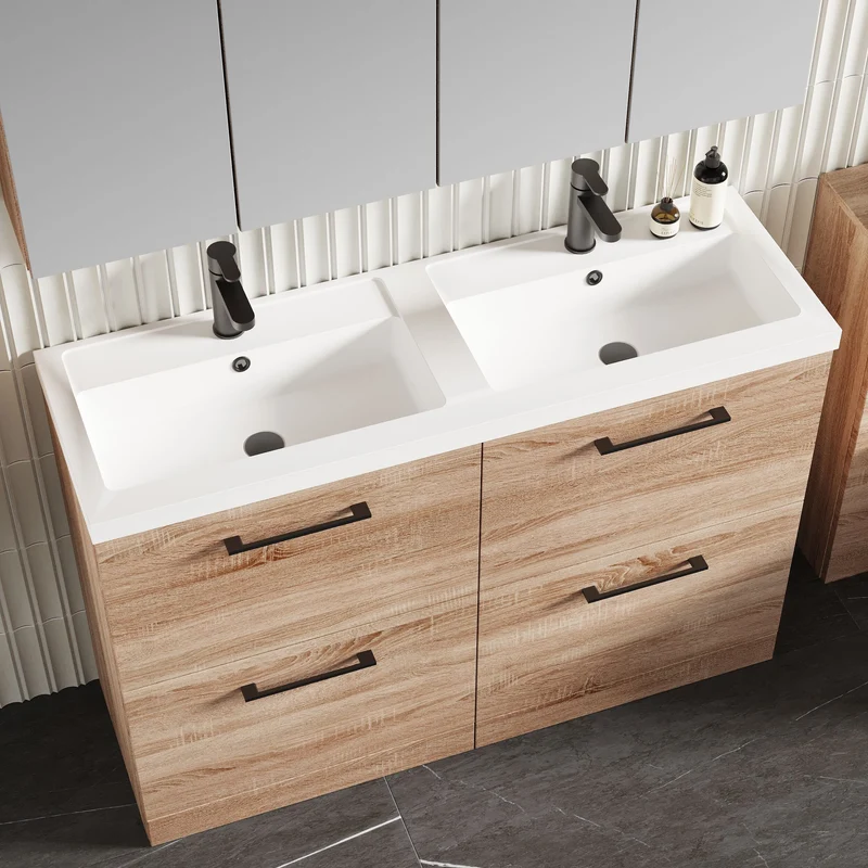Lana 1200mm Floor Standing 4 Drawer Vanity Unit & Double Polymarble Basin - Bleached Oak Woodgrain