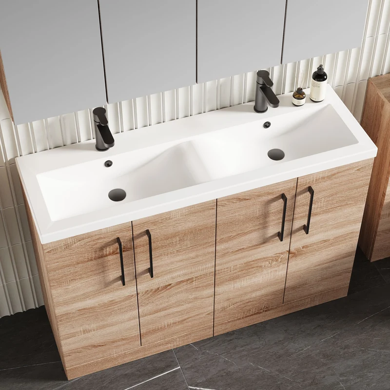 Lana 1200mm Floor Standing 4 Door Vanity Unit & Double Ceramic Basin - Bleached Oak Woodgrain
