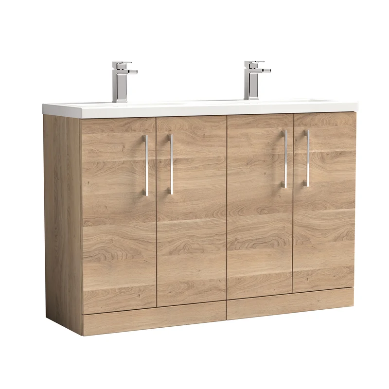 Lana 1200mm Floor Standing 4 Door Vanity Unit & Double Ceramic Basin - Bleached Oak Woodgrain