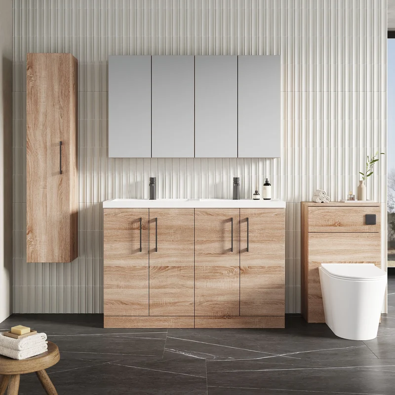 Lana 1200mm Floor Standing 4 Door Vanity Unit & Double Polymarble Basin - Bleached Oak Woodgrain