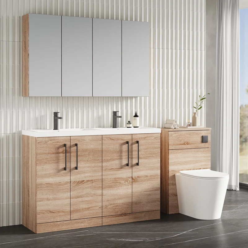 Lana 1200mm Floor Standing 4 Door Vanity Unit & Double Polymarble Basin - Bleached Oak Woodgrain