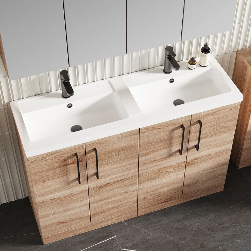 Lana 1200mm Floor Standing 4 Door Vanity Unit & Double Polymarble Basin - Bleached Oak Woodgrain