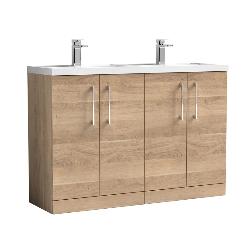 Lana 1200mm Floor Standing 4 Door Vanity Unit & Double Polymarble Basin - Bleached Oak Woodgrain