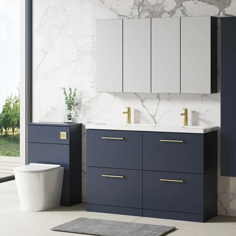 Lana 1200mm Floor Standing 4 Drawer Vanity Unit & Double Ceramic Basin - Midnight Blue Satin