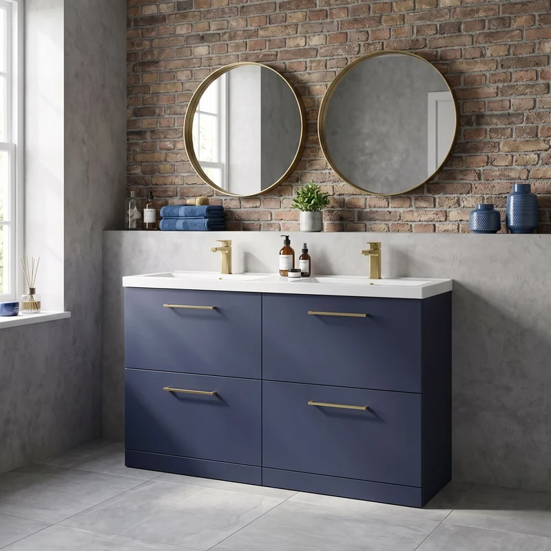 Lana 1200mm Floor Standing 4 Drawer Vanity Unit & Double Polymarble Basin - Midnight Blue Satin