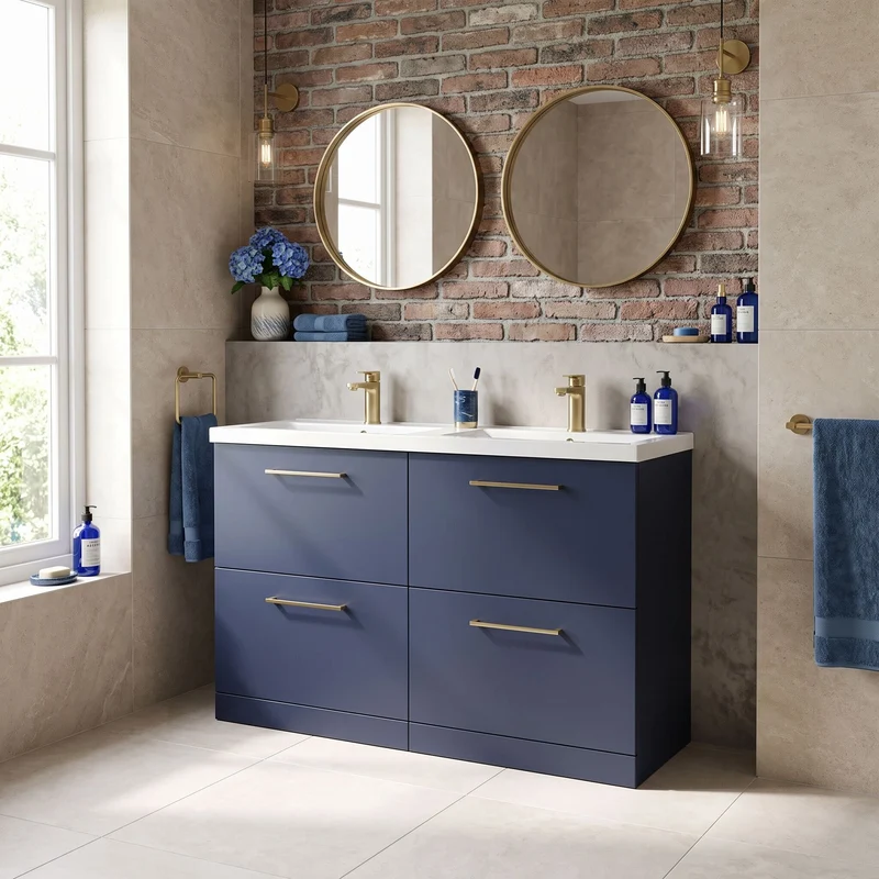 Lana 1200mm Floor Standing 4 Drawer Vanity Unit & Double Polymarble Basin - Midnight Blue Satin