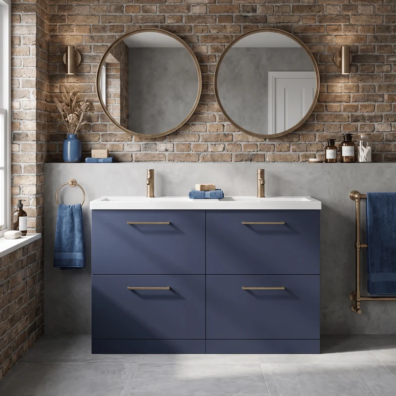 Lana 1200mm Floor Standing 4 Drawer Vanity Unit & Double Polymarble Basin - Midnight Blue Satin