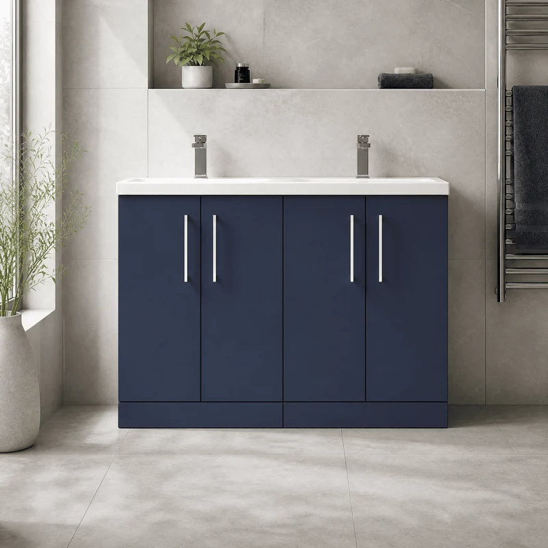 Lana 1200mm Floor Standing 4 Door Vanity Unit & Double Ceramic Basin - Midnight Blue Satin